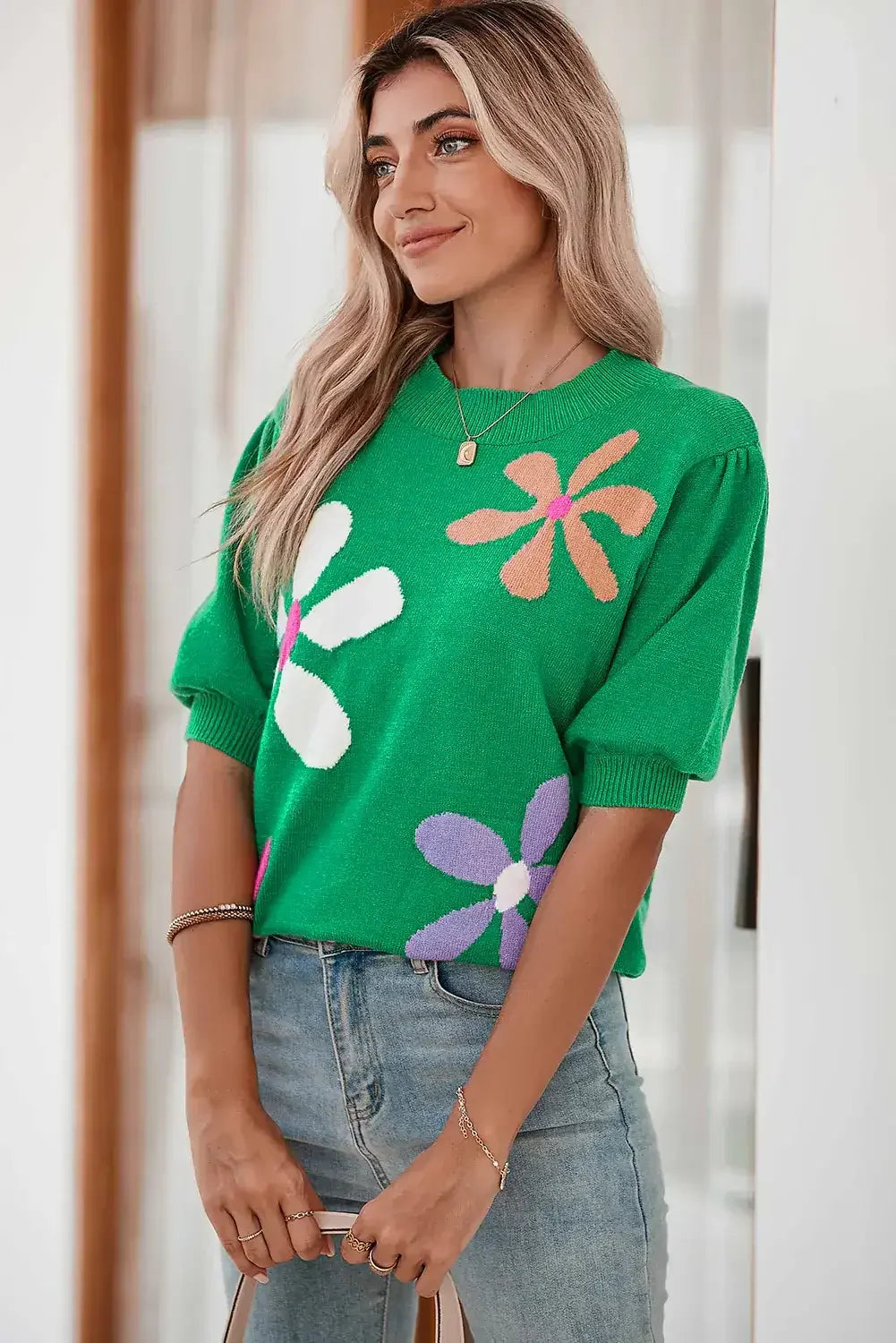 Bright Green 60s Floral Bubble Short Sleeve Knitted Top