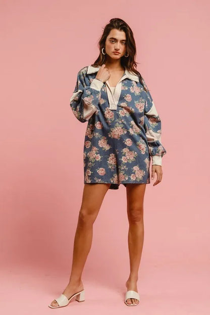 Washed Floral Denim Romper With Contrast Collar