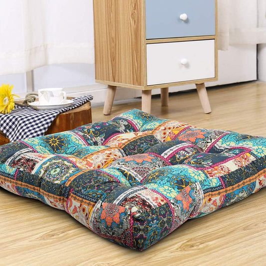 Bohemian Floor Pillow Futon Seating Floor Mat Thicken Chair Pad Patchwork Style Meditation Floor Pillow for Kids Reading Nook, 22 Inch