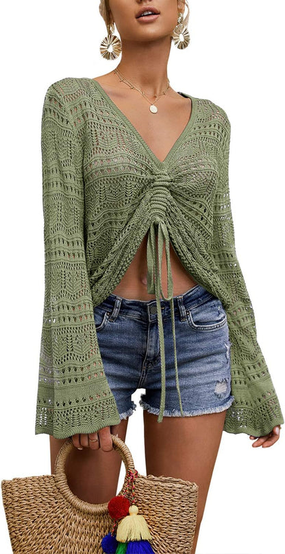 Womens Boho off Shoulder Sheer Crop Tops Bell Sleeve Flowy Oversized Crochet Ruched Pullover Sweaters
