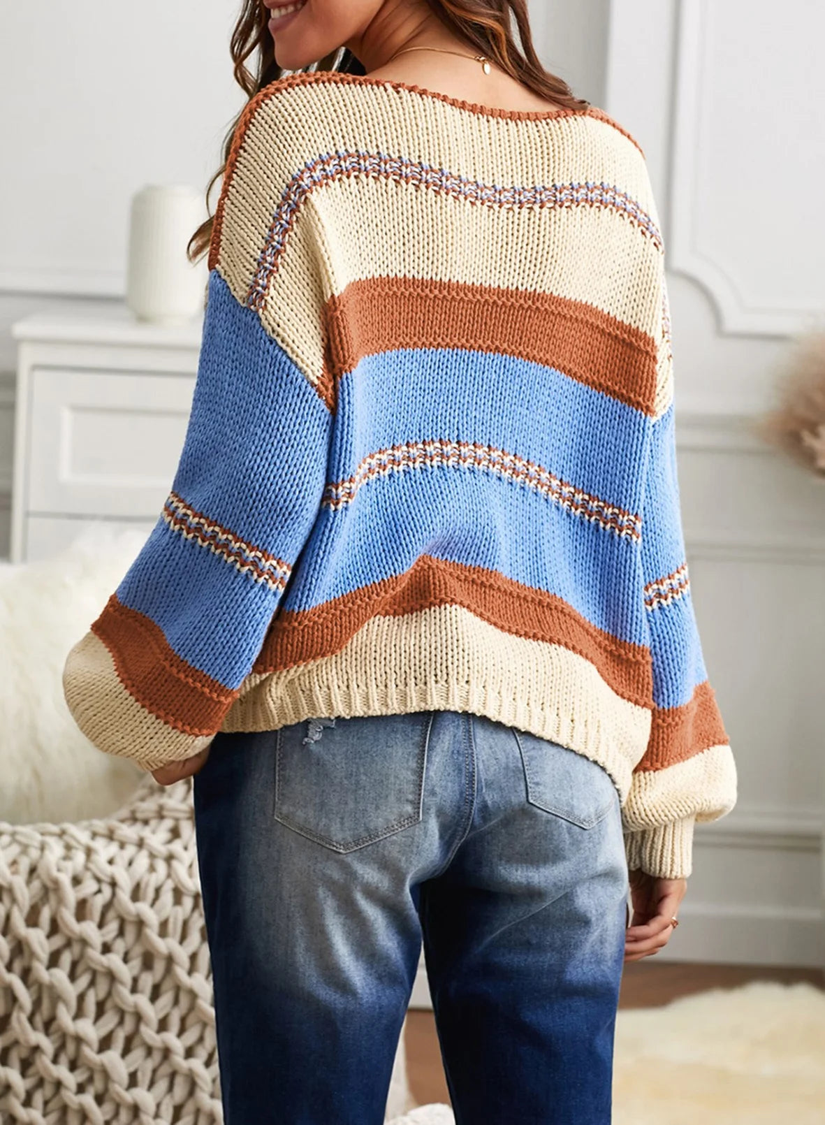 Womens Loose V Neck Sweater Oversized Ladies Color Block Knitted Tops Lantern Sleeve Pullover Shirts M 8-10