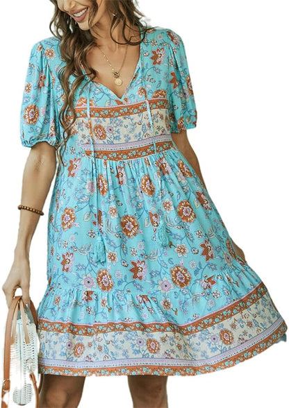 Women Boho Floral Graphic Mini Dress Short Sleeve V Neck Casual Summer Dress (Medium, Blue)