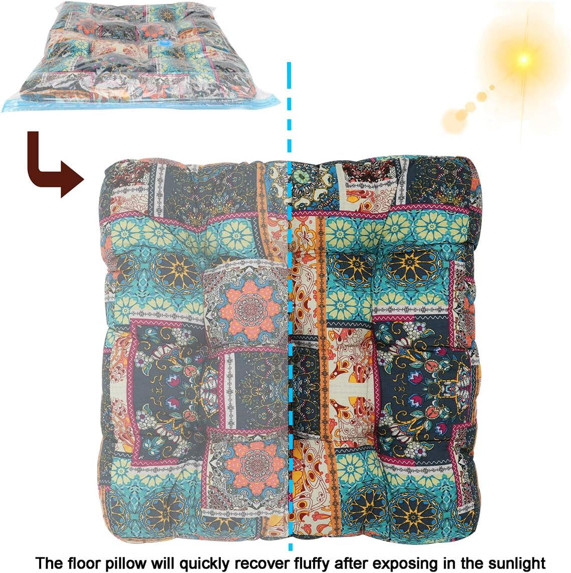 Bohemian Floor Pillow Futon Seating Floor Mat Thicken Chair Pad Patchwork Style Meditation Floor Pillow for Kids Reading Nook, 22 Inch