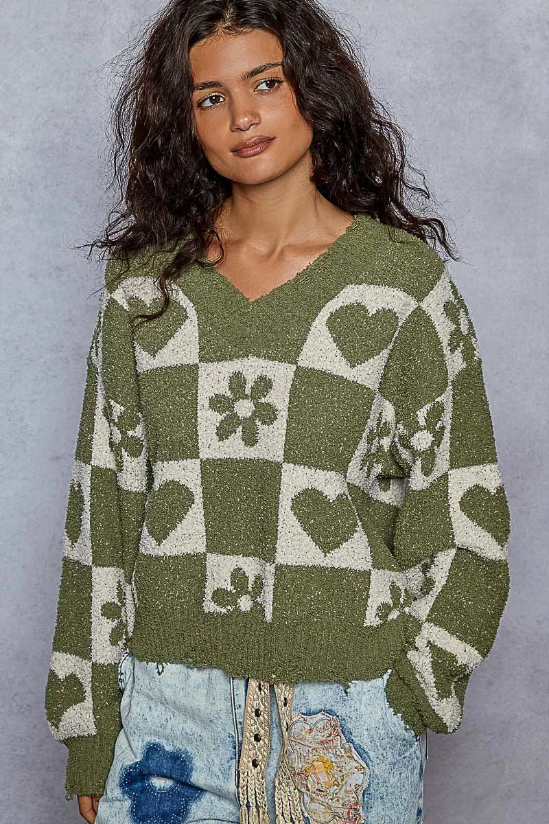 POL V-Neck Heart Pattern Checkered Sweater