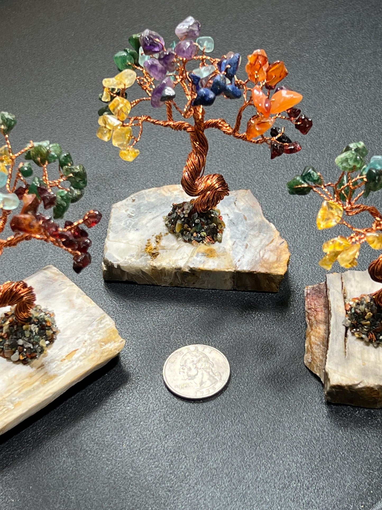 Gemstone Crystal Bonsai Tree (7-Stones)(Petrified Wood Base Carving) Bulk