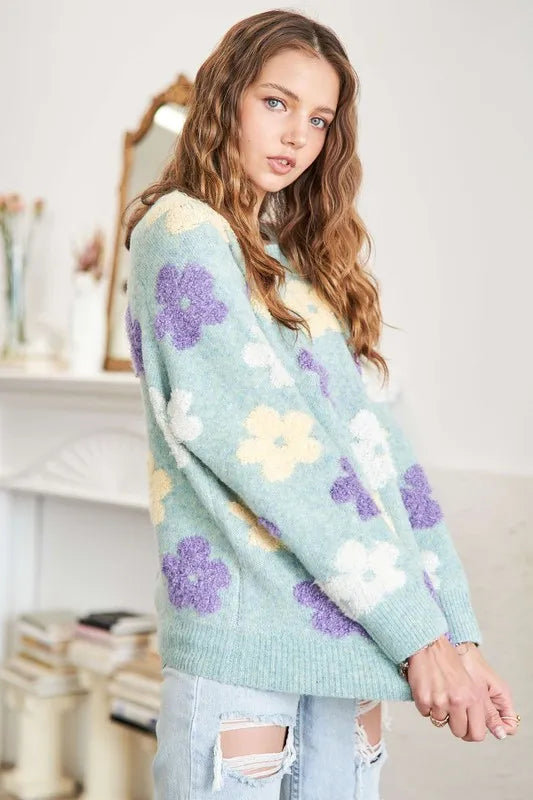 ADORA Full Size Floral Popped 2-Tone Sweater Top Plus Size in Sage