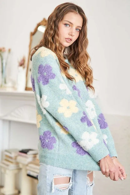 ADORA Full Size Floral Popped 2-Tone Sweater Top Plus Size in Sage