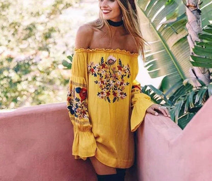 Womens Floral Embroidered off Shoulder Long Sleeve Short Dresses