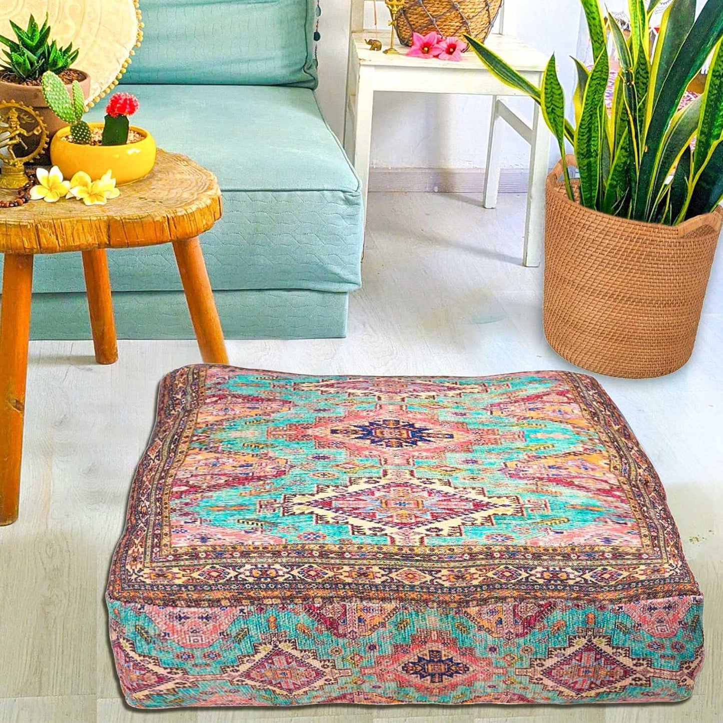 Boho Chic Outdoor Floor Cushion Cover - 24X8 Inches - Square Pillow Case for Garden Party, Pool, Balcony, Patio and More