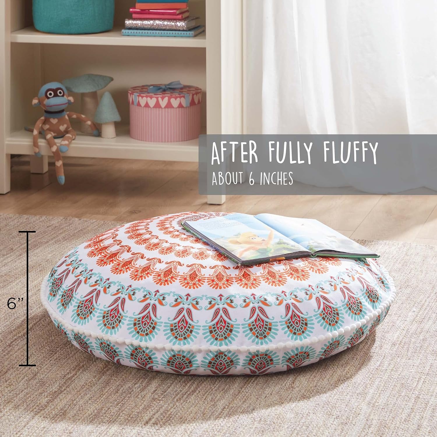 Boho Large round Floor Pillow, Oversized Mandala Meditation Pillows for Adults, Cozy Big Seating Cushion for Kids Teepee Reading Nook Playroom, Insert with Cover, Coral, 32 Inch Diameter