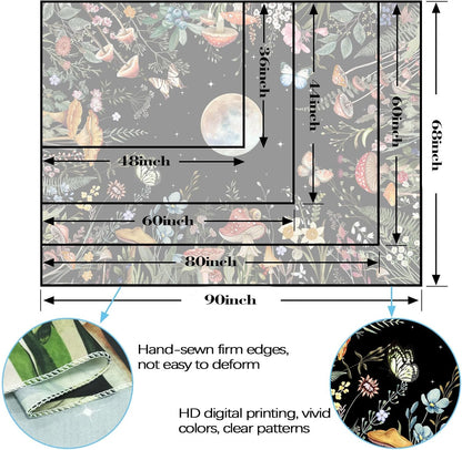 Moon Garden Tapestry Moonlit Green Plant Botanical Mushroom Flowers Tapestry Wall Hanging Black Nature Floral Butterfly Aesthetic Tapestries for Bedroom Dorm Living Room (48'' × 36'')