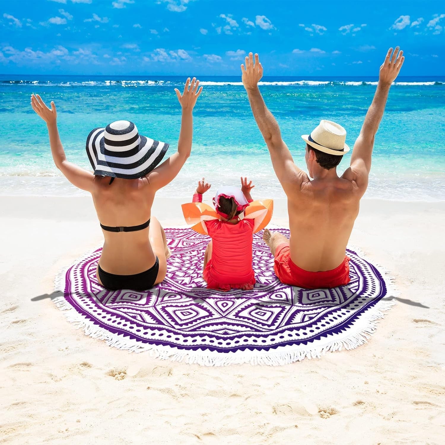Round Beach Towels 59 Inch Oversized for Adults Women Microfiber Boho Aesthetic Mandala Fast Quick Drying Absorbent Blanket Sand Free/Proof for Pool Travel Camping Outdoor with Fringe Tassels,Purple