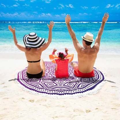 Round Beach Towels 59 Inch Oversized for Adults Women Microfiber Boho Aesthetic Mandala Fast Quick Drying Absorbent Blanket Sand Free/Proof for Pool Travel Camping Outdoor with Fringe Tassels,Purple