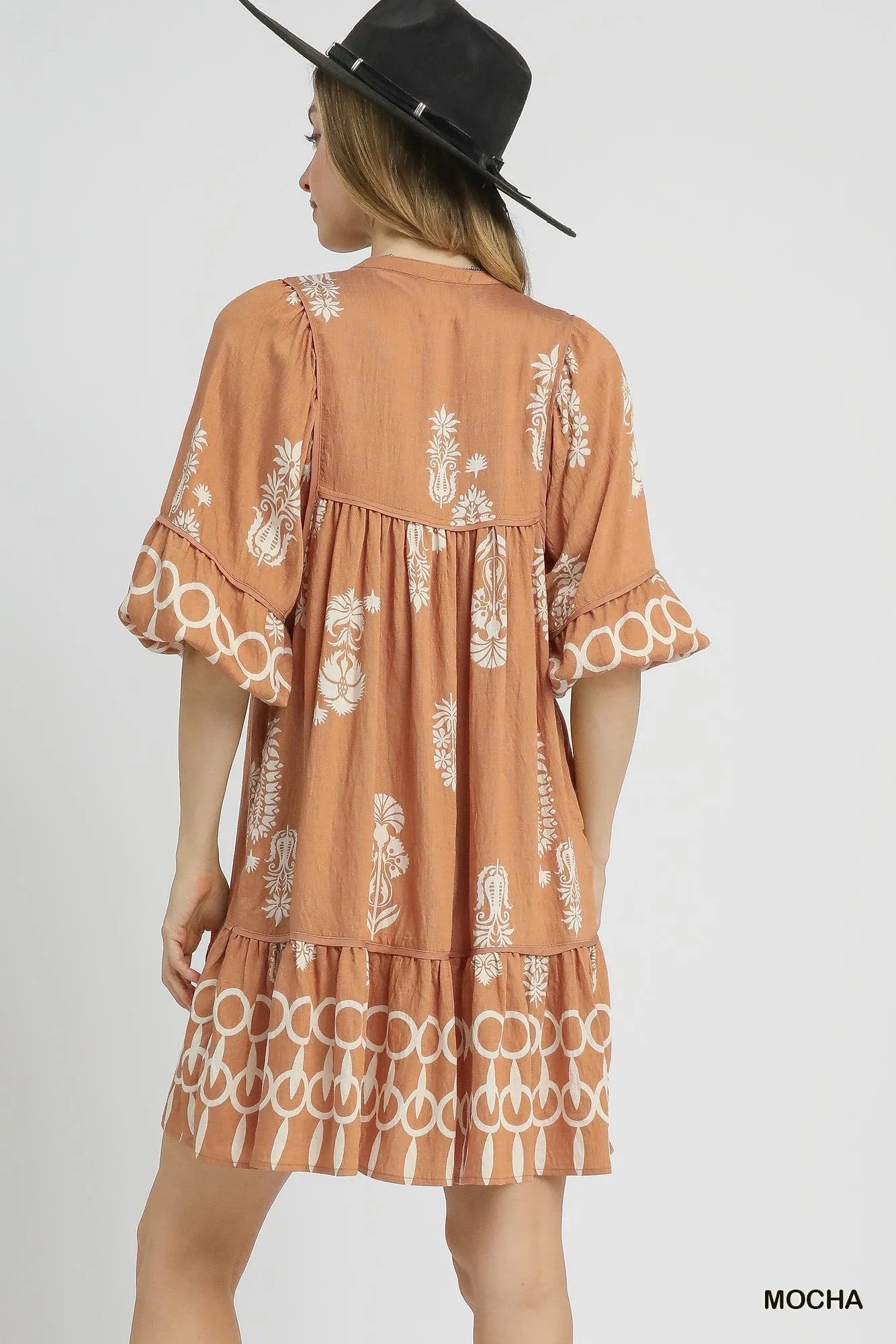 Boarder Print Tassel Tie Neck Mini Dress