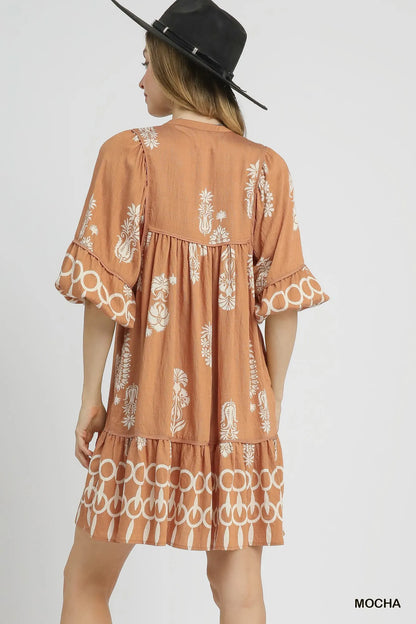 Boarder Print Tassel Tie Neck Mini Dress