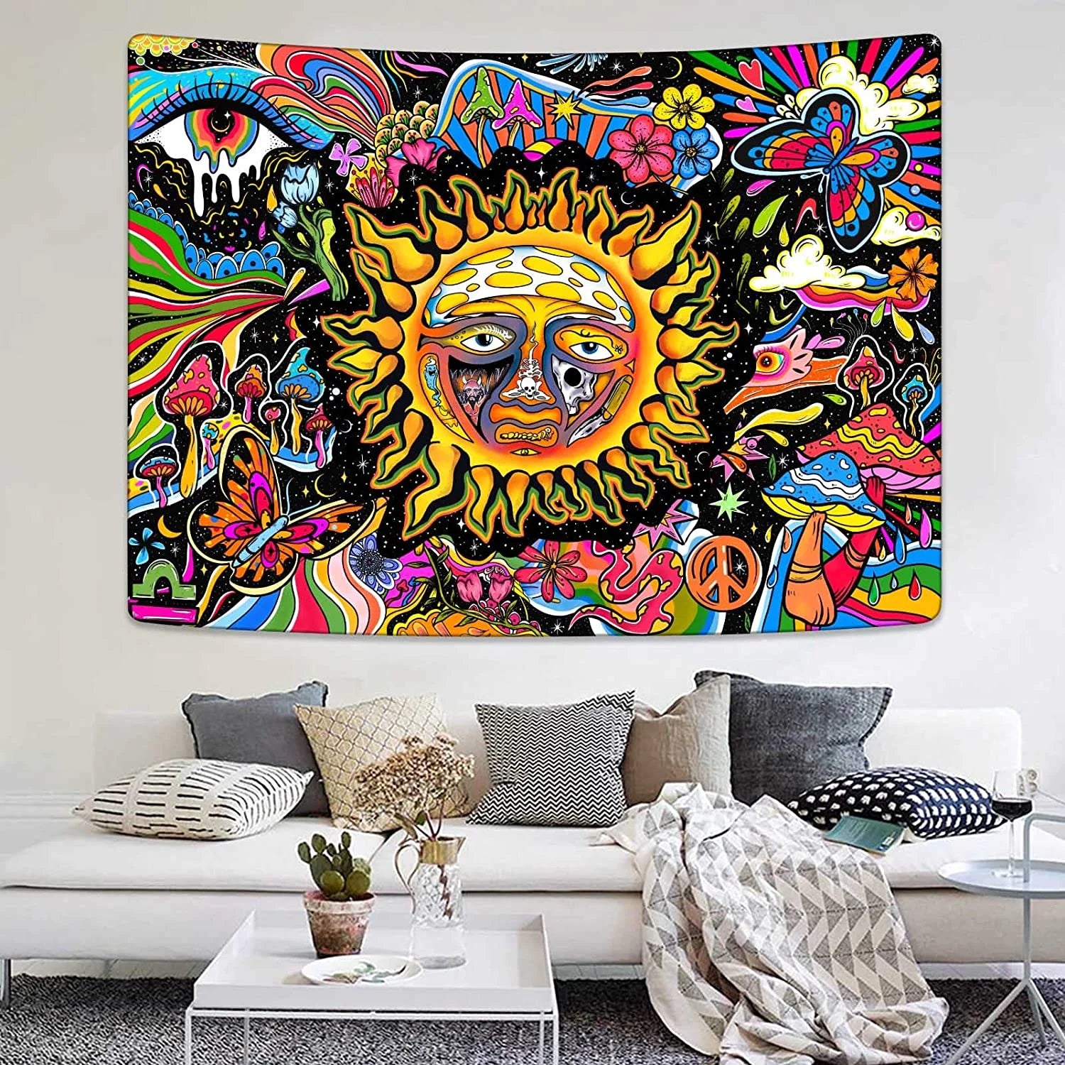 Trippy Tapestry Sun Tapestry Hippie Mushroom Tapestry Colorful Wall Tapestry for Bedroom Aesthetic Cute Tapestries Wall Hanging for Bedroom,91"X71"
