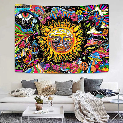 Trippy Tapestry Sun Tapestry Hippie Mushroom Tapestry Colorful Wall Tapestry for Bedroom Aesthetic Cute Tapestries Wall Hanging for Bedroom,91"X71"