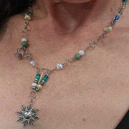 Moonstone and Sunbeam Charm Necklace with Gemstones and Blue Accents