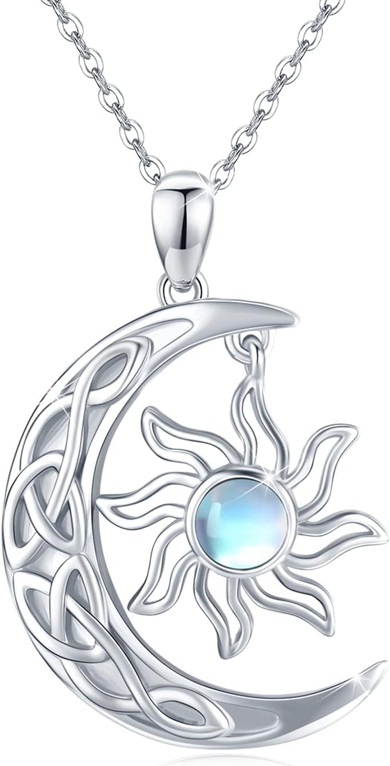 Crescent Moon and Sun Necklace 925 Sterling Silver Moonstone Pendant Necklace Celtic Jewelry Gift for Women