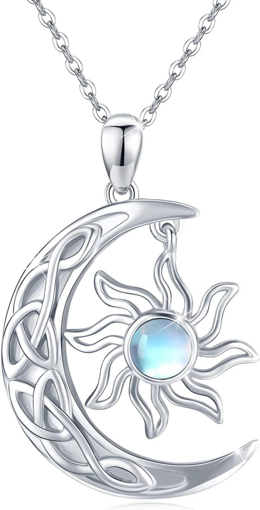 Crescent Moon and Sun Necklace 925 Sterling Silver Moonstone Pendant Necklace Celtic Jewelry Gift for Women