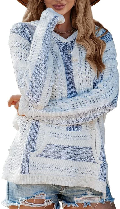 Womens Baja Lightweight Beach Hoodie Boho Mexican Striped Sweaters Drawstring Hooded Sweatshirts with Pocket