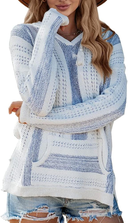 Womens Baja Lightweight Beach Hoodie Boho Mexican Striped Sweaters Drawstring Hooded Sweatshirts with Pocket