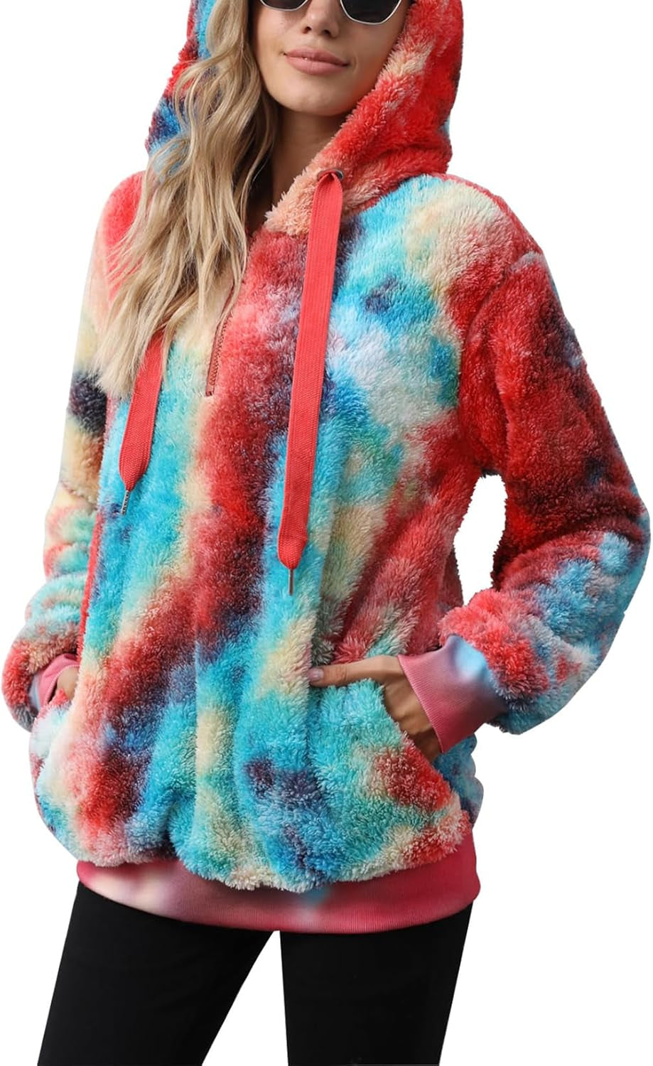Womens Sherpa Pullover Oversized Fuzzy Hoodie Double Fleece Sweatshirts Fluffy Plaid Outerwear Warm Coats