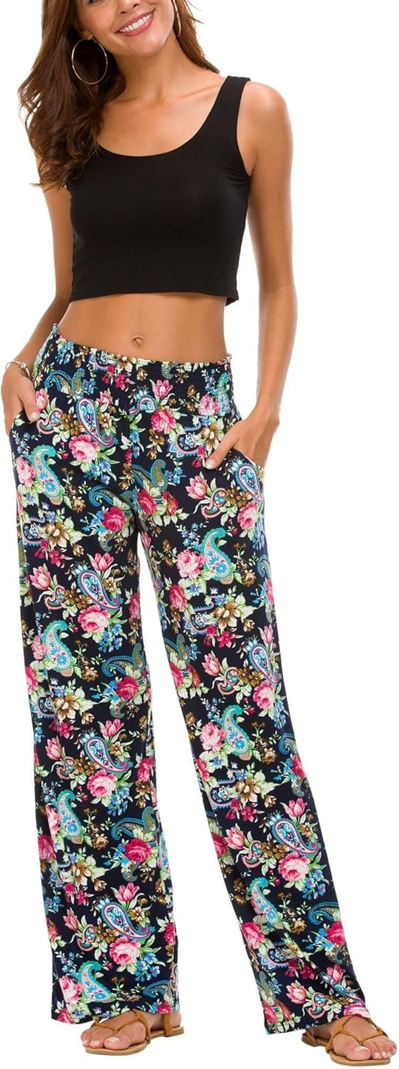 Women'S Boho Palazzo Pants Wide Leg Beach Pants High Waisted Lounge Pants with Pockets