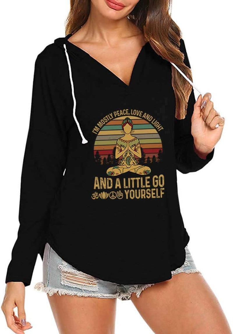 Women'S I'M Mostly Peace Love and Light Long Sleeve V Neck Casual Loose Tshirts Hoody Tops