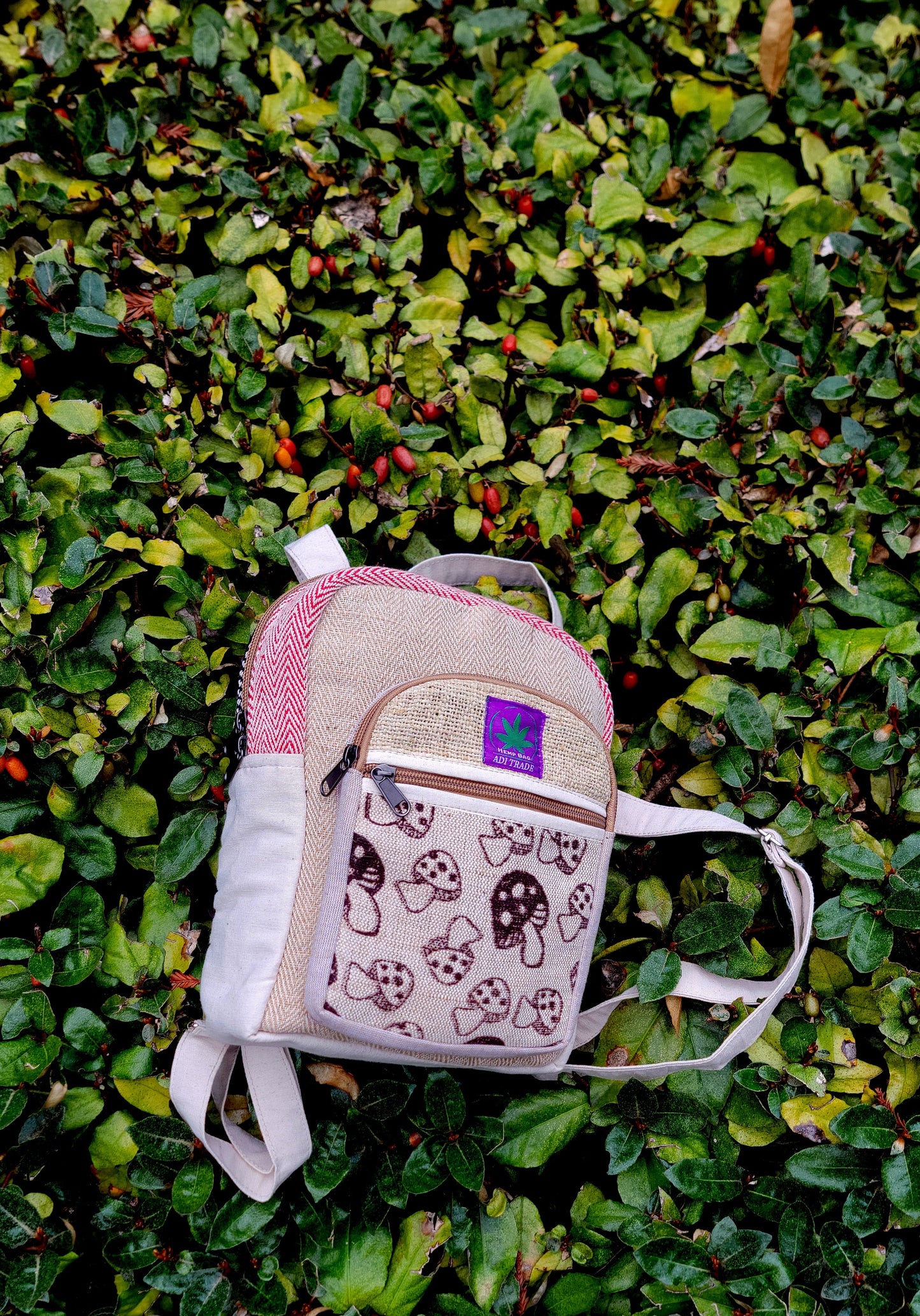 Natural Handmade Mini Hemp Backpack, Eco-Friendly Stylish Unisex Casual Backpack for Hiking, Traveling and Many More (Mushroom Red)