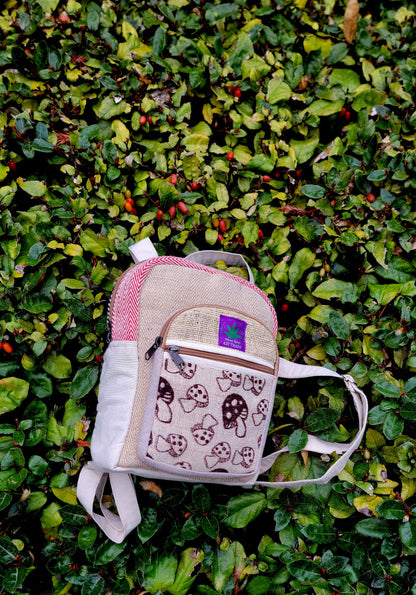 Natural Handmade Mini Hemp Backpack, Eco-Friendly Stylish Unisex Casual Backpack for Hiking, Traveling and Many More (Mushroom Red)