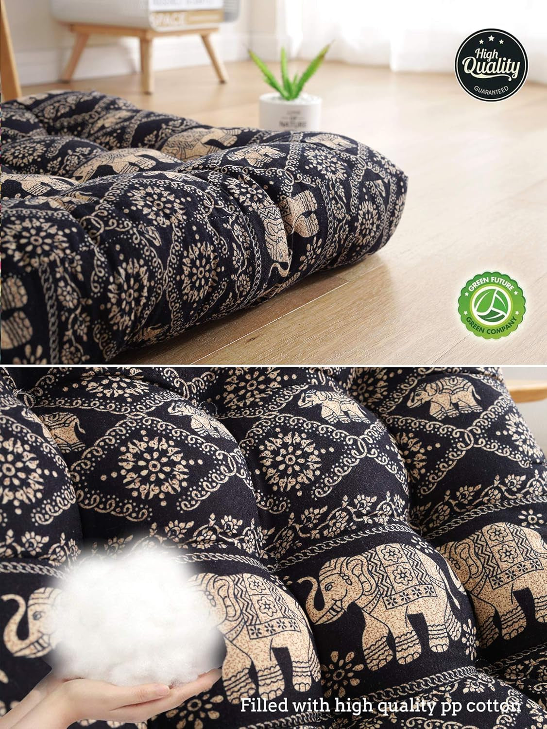 Boho round Floor Seat Pillows Cushions 22" X 22", Soft Cotton Linen Bohemian Yoga Mandala Meditation Pouf Tatami Floor Pillow Cushion for Living Room Adults & Kids Casual Reading Nooks,Elephant B