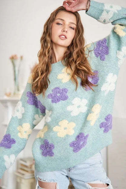 ADORA Full Size Floral Popped 2-Tone Sweater Top Plus Size in Sage