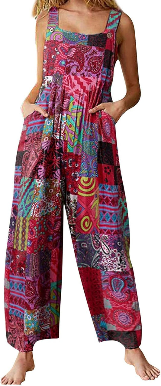 Women Boho Overalls Summer Floral Loose Suspender Trousers Jumpsuits Wide Leg Pants Romper with Pockets (C Red , X-Large )