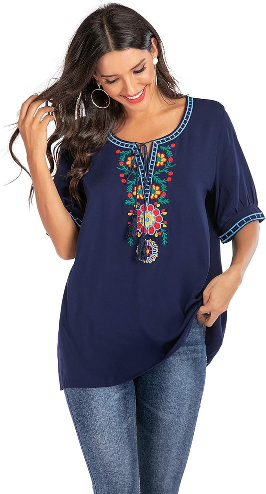 Women'S Summer Boho Embroidered Mexican Bohemian Tops Tassel Short Sleeve Casual Blouse