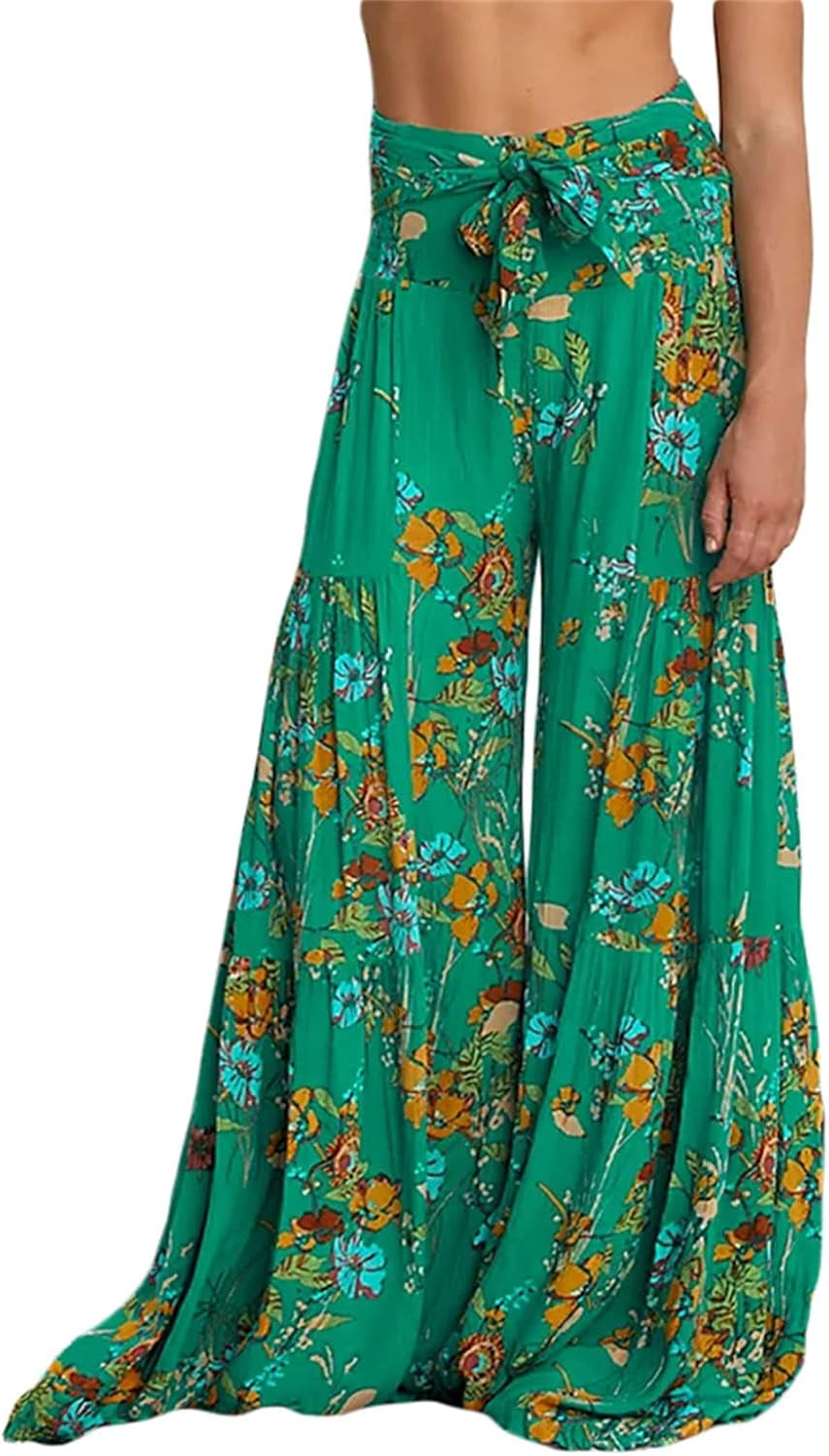 Women Beach Flared Palazzo Pants Summer Casual Loose Wide Leg Belted Boho Pants（Green, Small