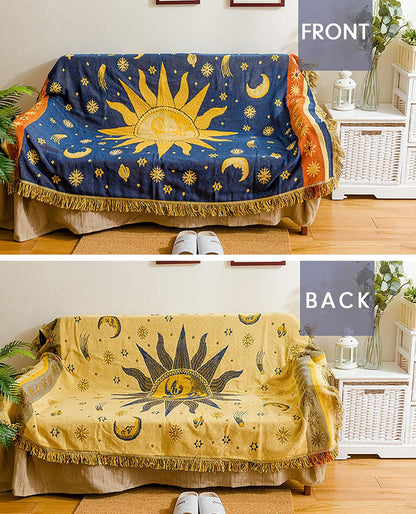 Sun and Moon Stars Hippie Throw Blanket Celestial Tapestry Double-Sided Reversible Woven Cotton Home Decor Bedding Chair Couch Recliner Cover Loveseat Rug Oversized Tassels Blue Yellow (91X71)
