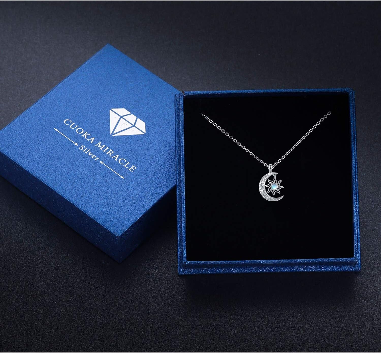 Crescent Moon and Sun Necklace 925 Sterling Silver Moonstone Pendant Necklace Celtic Jewelry Gift for Women