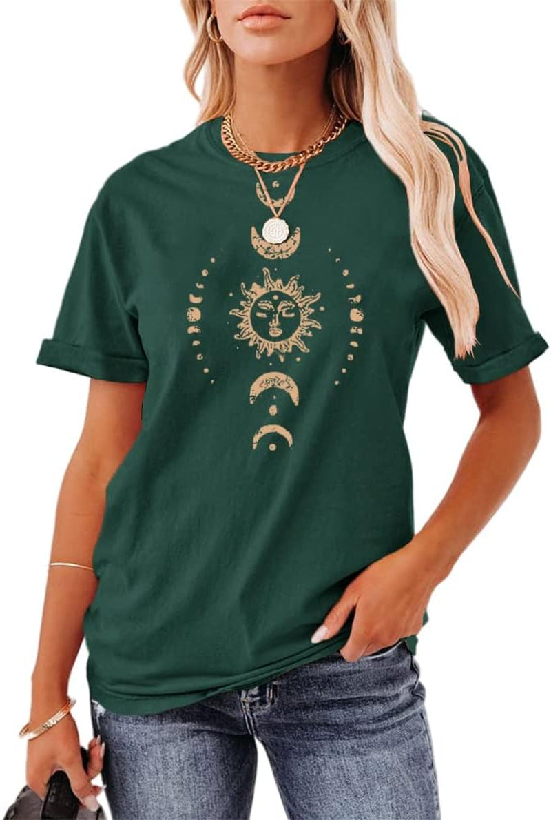 Women'S Graphic Tees Sun and Moon Printed T Shirts Summer Vintage round Neck Short Sleeve Tops Dark Green