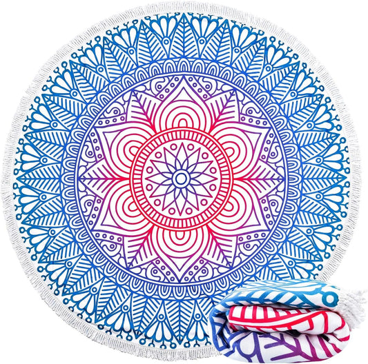 Large & Thick Microfiber Mandala round Beach Towel Throw Blanket with Fringed 62"X 62" Soft Absorbent Quick Dry Multi-Purpose Picnic Yoga Meditation Mat Roundie for Women Men Boy Girl Kids
