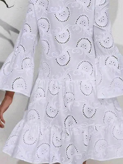 Cotton Embroidered Hollow Tiered Button Dress