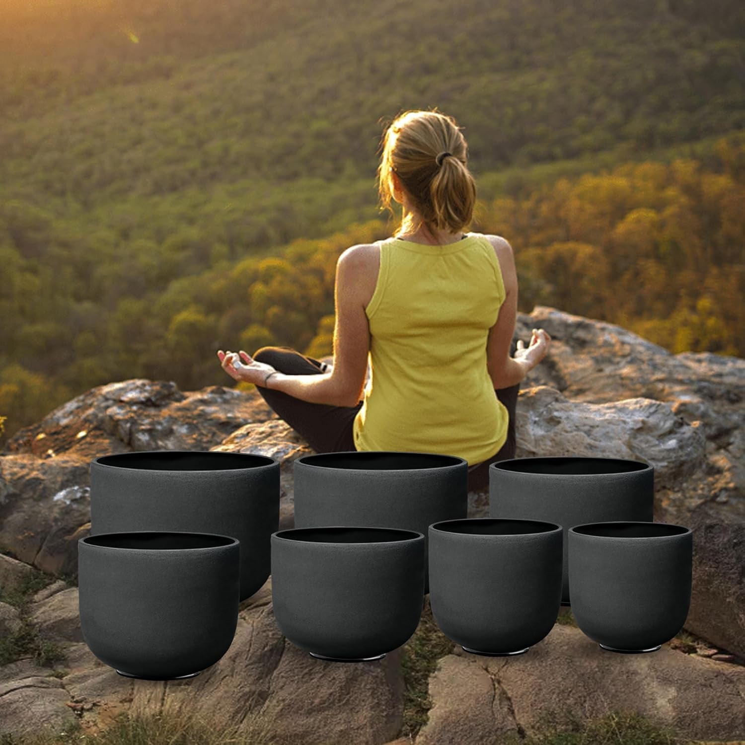 7-12 Inch Black 7 Crystal Singing Bowl Set Frosted Quartz Crystal Sound Therapy Kit with Mallets 2 Cases O-Ring for Yoga Meditation Energy Balancing Reiki Healing