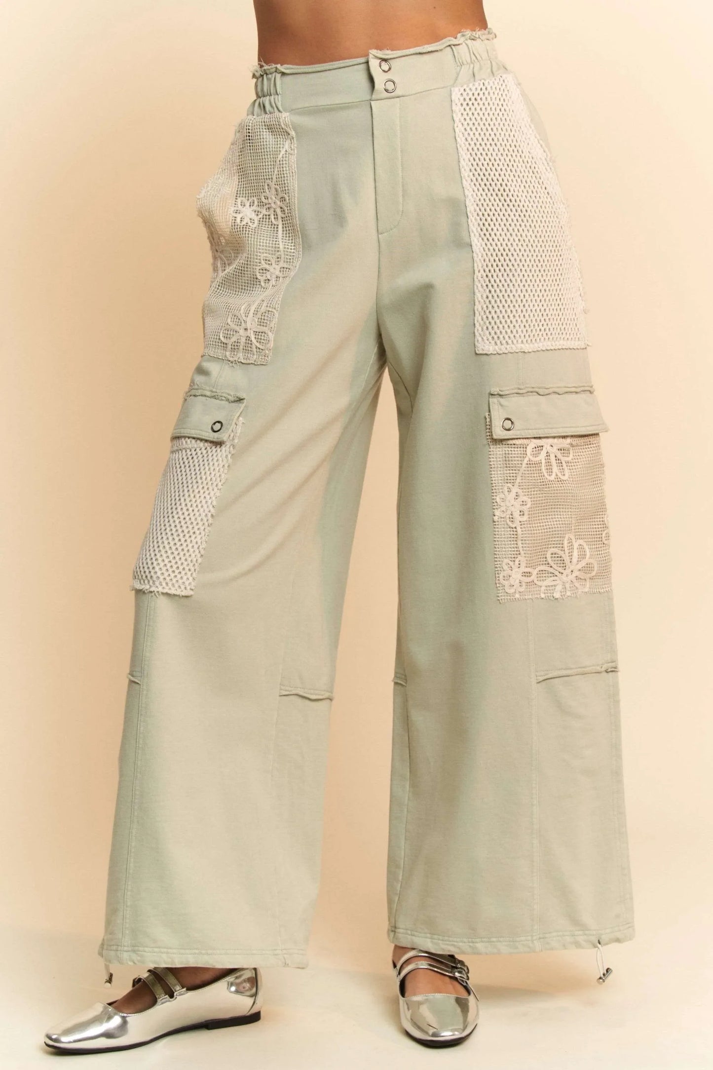 Davi & Dani Lace Patchwork Bottom Opening Adjustable Pants in Sage