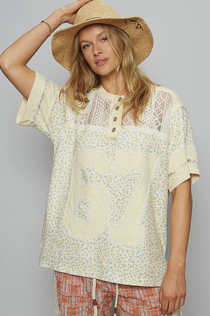 POL Clothing Number Floral Crochet Button Detail Half Sleeve Top