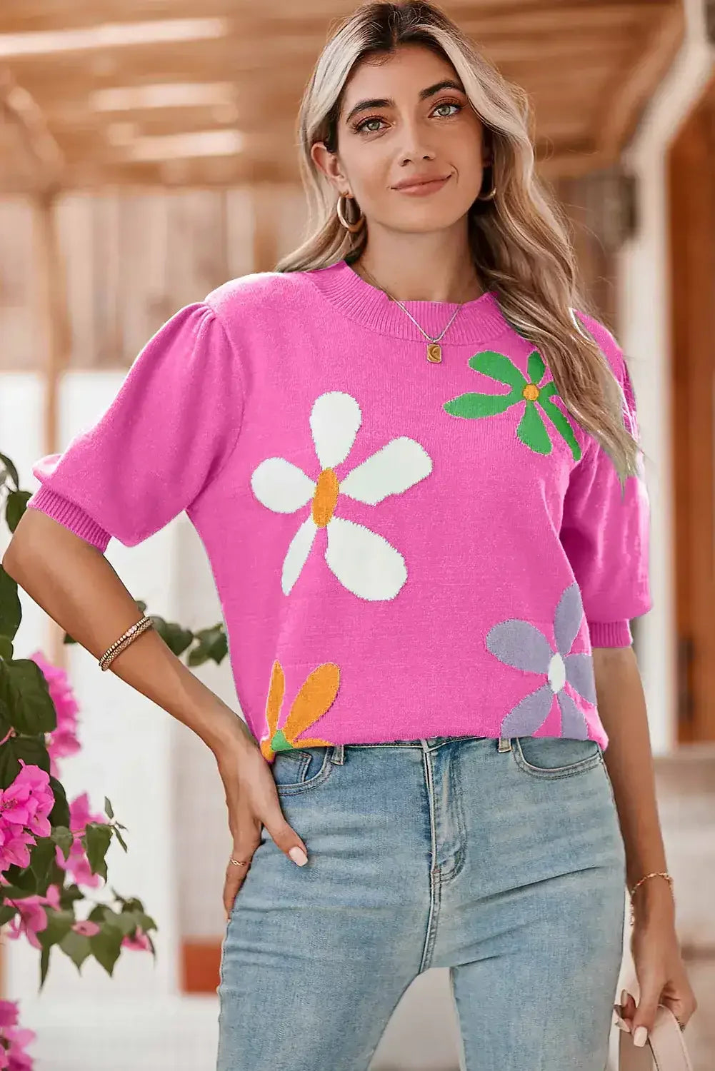 Bright Green 60s Floral Bubble Short Sleeve Knitted Top