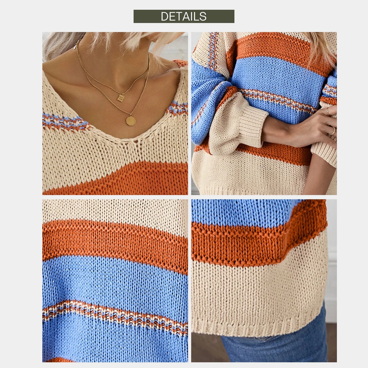 Womens Loose V Neck Sweater Oversized Ladies Color Block Knitted Tops Lantern Sleeve Pullover Shirts M 8-10