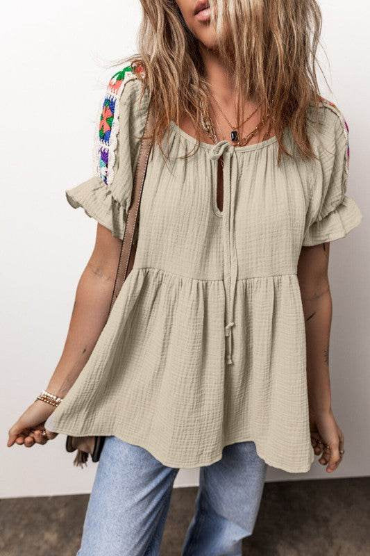 Milana Crinkle Embroidered Patched Bubble Sleeve T