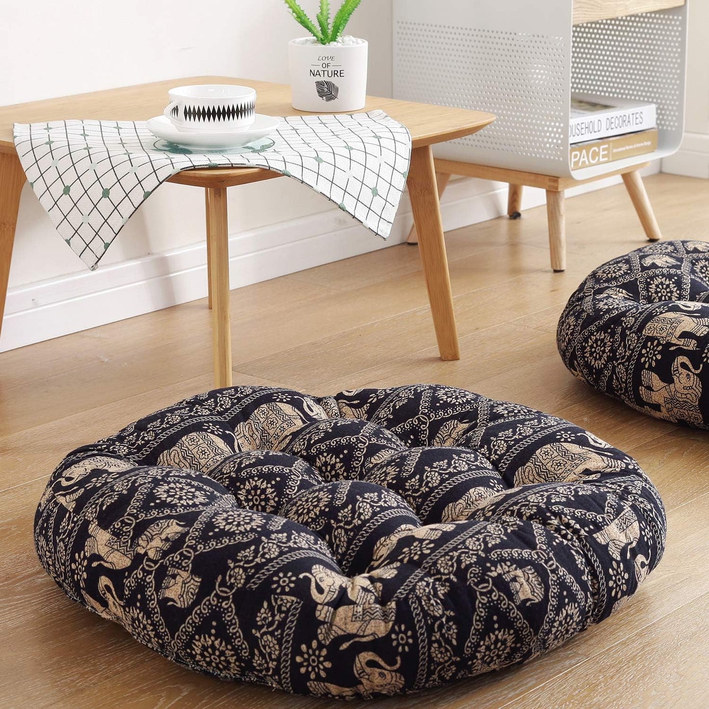 Boho round Floor Seat Pillows Cushions 22" X 22", Soft Cotton Linen Bohemian Yoga Mandala Meditation Pouf Tatami Floor Pillow Cushion for Living Room Adults & Kids Casual Reading Nooks,Elephant B