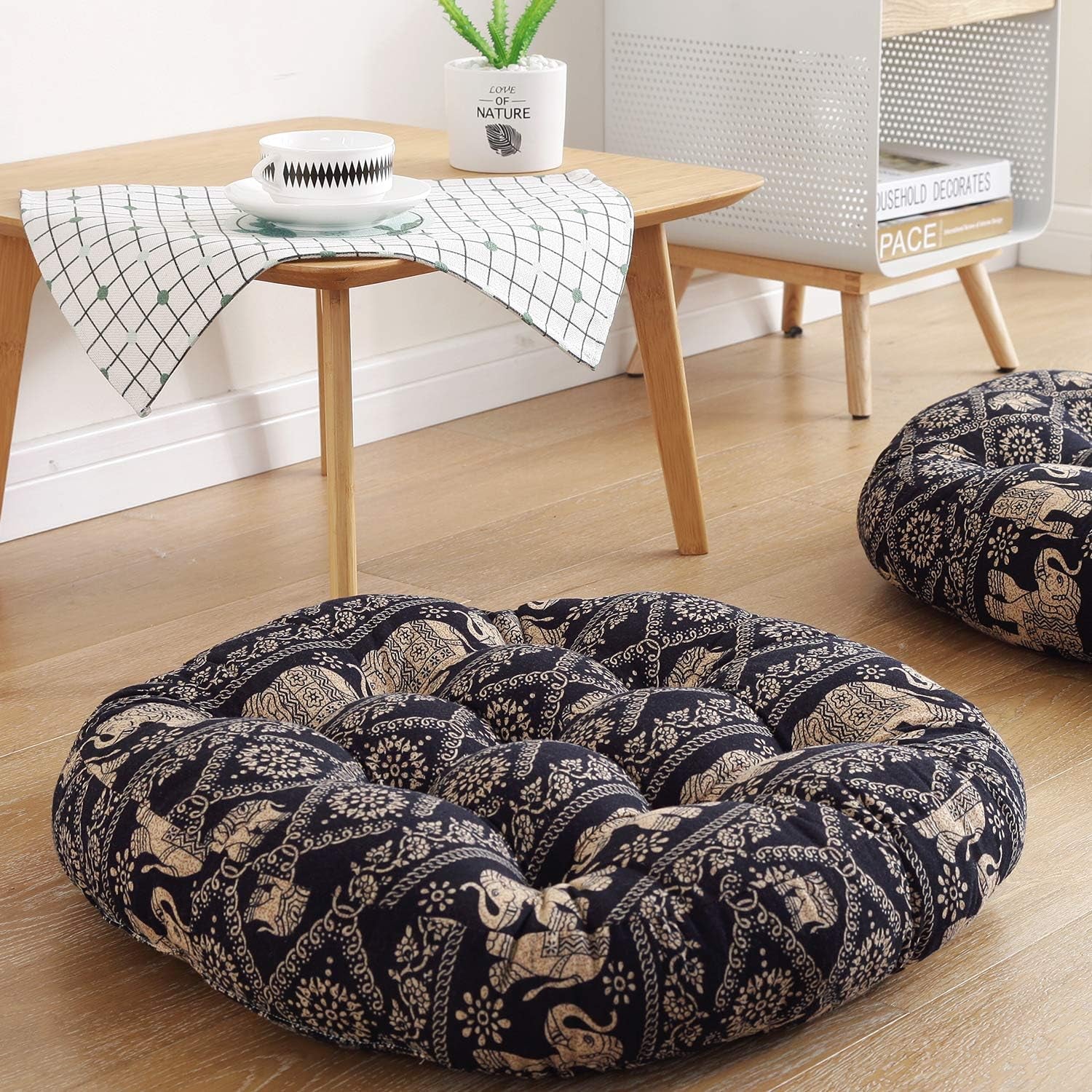 Boho round Floor Seat Pillows Cushions 22" X 22", Soft Cotton Linen Bohemian Yoga Mandala Meditation Pouf Tatami Floor Pillow Cushion for Living Room Adults & Kids Casual Reading Nooks,Elephant B
