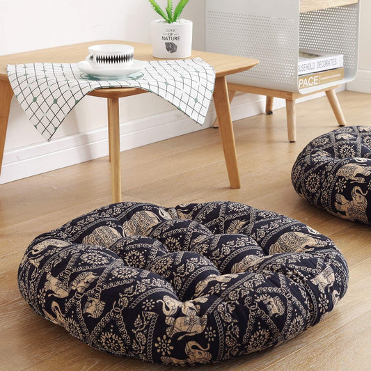 Boho round Floor Seat Pillows Cushions 22" X 22", Soft Cotton Linen Bohemian Yoga Mandala Meditation Pouf Tatami Floor Pillow Cushion for Living Room Adults & Kids Casual Reading Nooks,Elephant B
